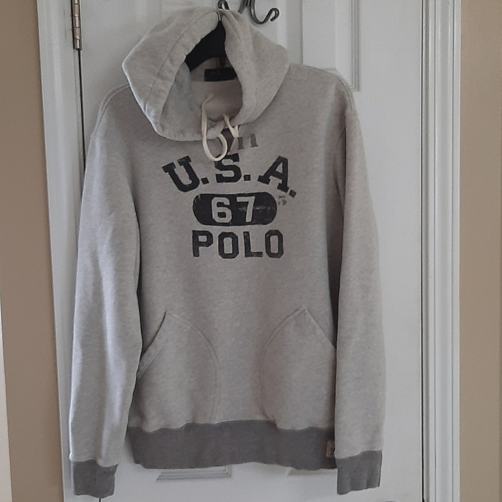 Polo Ralph Lauren pullover hoodie mens size large graphic heather grey navy EUC